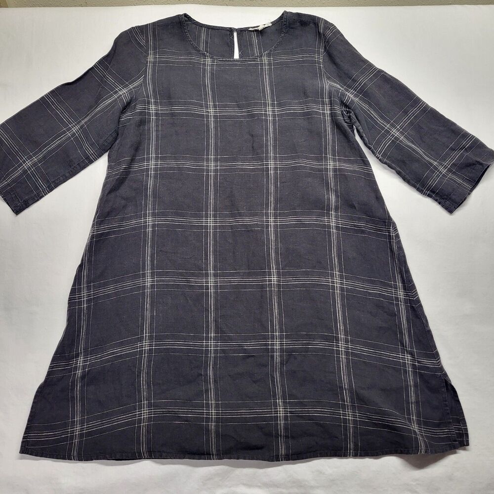 Eileen Fisher Dress Womens SM Black Windowpane Organic Linen 3/4 Sleeve Tunic